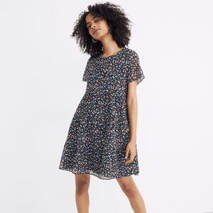 Madewell Short-Sleeve Tiered Mini Dress in Spring Prairie Black Floral XS